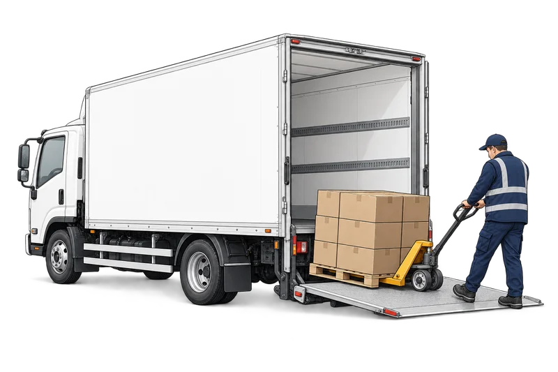 Illustration of a worker moving a pallet with a pallet jack on a truck tail lift